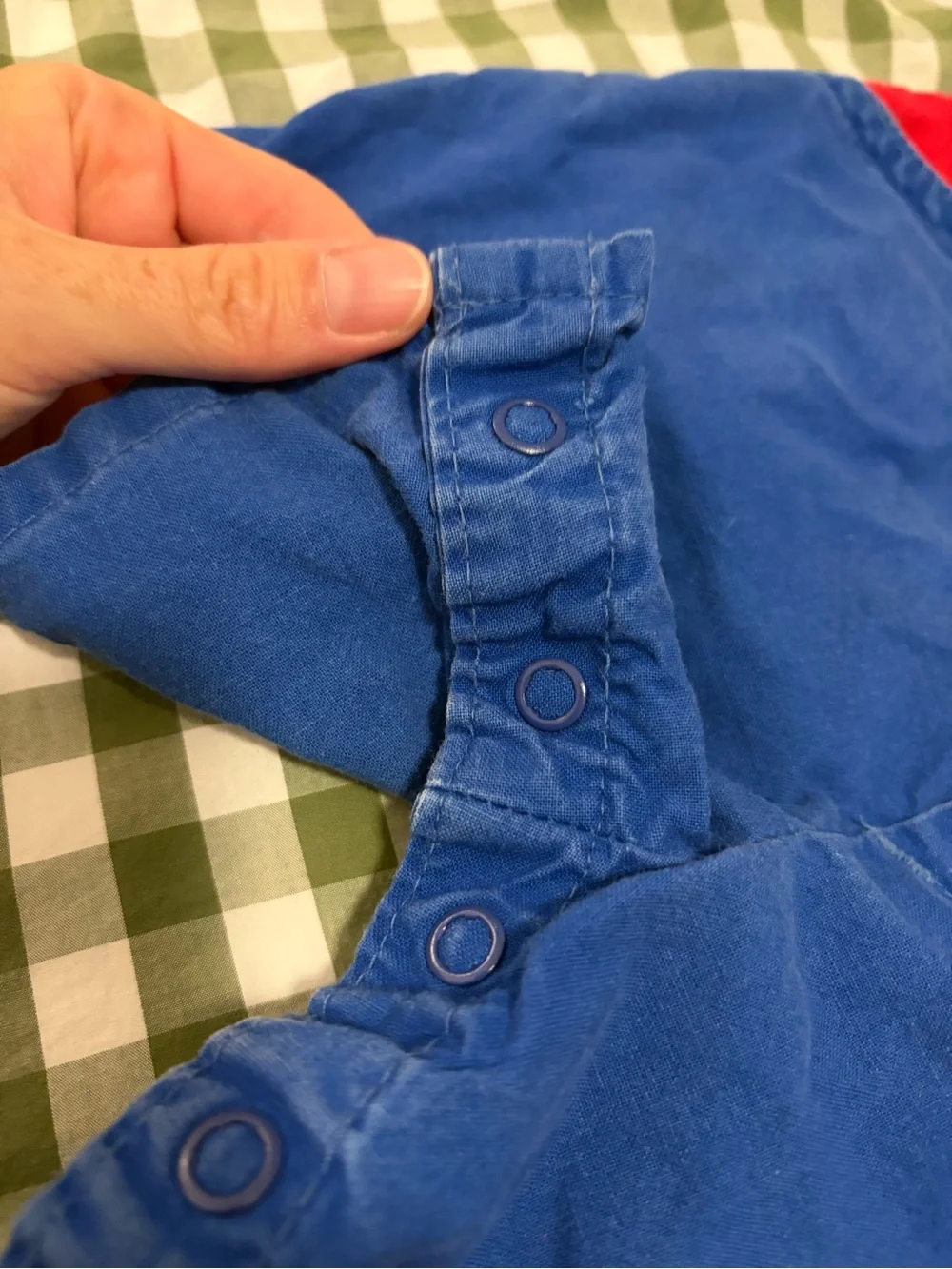 Vintage OshKosh B'gosh Bright Blue Short Overalls with Red & Green Accents
